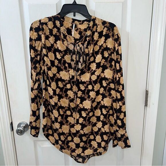 Free People Mia Floral Tie Neck Tunic Top w Long Sleeves & flowy Relaxed fit- XS - Picture 5 of 14